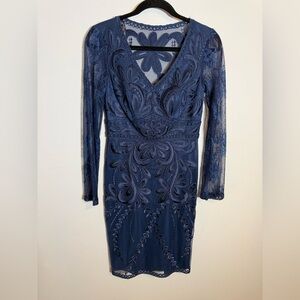 Sue Wong Blue Embroidered Lace Cocktail Dress Sheer Sleeve Small Formal Wedding